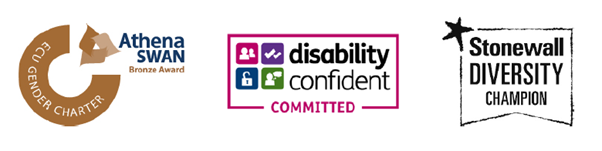 Badges (left to right) - Athena SWAN Bronze Award; Disability Confident Committed; Stonewall Diversity Champion